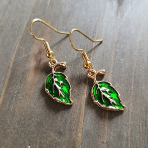 Green Leaf Fall Earrings- 18k Gold Leaf Earrings- Handmade Autumn Leaves Fall Earrings Autumnal Changing Leaves Seasonal Tree Leaf Earrings