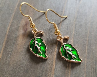 Green Leaf Fall Earrings- 18k Gold Leaf Earrings- Handmade Autumn Leaves Fall Earrings Autumnal Changing Leaves Seasonal Tree Leaf Earrings