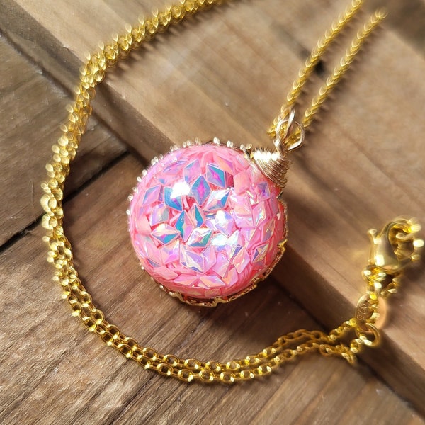 Pink Aura Mermaid Scale Domed Circle Necklace- 18k Gold Iridescent Pink Mermaid Dragon Scale Sea Ocean Pendant Resin Unicorn Holo Necklace