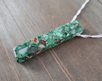 Collier barre de jaspe impérial vert - Argent sterling 925, cristal de jaspe ondulé, collier en pierre naturelle fait main en pierre véritable de jaspe marbré