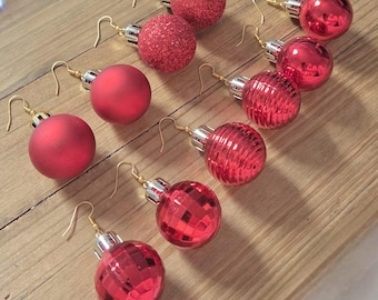 Red Glitter Christmas Ornament Earrings 18k Gold Plated Decorative Red Orb Holiday Seasonal Christmas Tree Red Sparkly Festive Ball Earrings