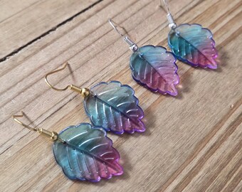 Whimsical Night Jungle Leaf Earrings- 18k Gold 925 Sterling Silver Plated Handmade Acrylic Nightfall Banana Leaf Blue Purple Ombre Earrings