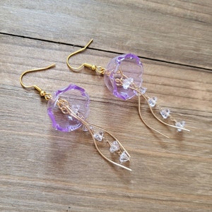 Purple Jellyfish Earrings- 18k Gold Glass Jellyfish Dangle Earrings- Summer Beach Purple Jelly Fish Ocean Sea Life Nautical Crystal Earrings