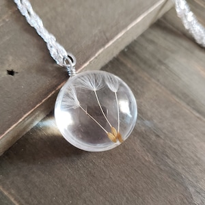 Dandelion Wish Pressed Flower Necklace- 925 Sterling Silver Water Ripple Dried Flower Handmade White Dandelion Seed Wishing Flower Pendant