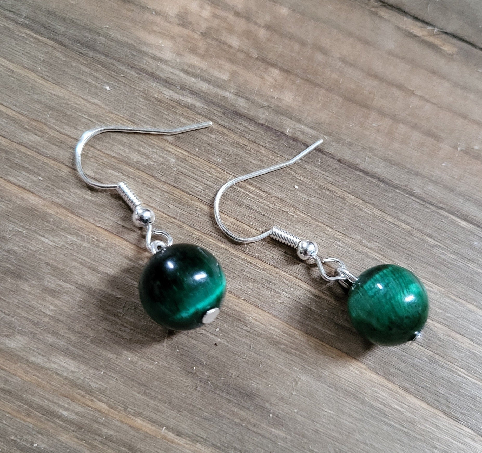 Green Tiger's Eye Earrings- 925 Sterling Silver Real Stone Earrings- Forest Green Cat Eye Stone- Dainty Green Tiger Eye Bead Aurora Earrings
