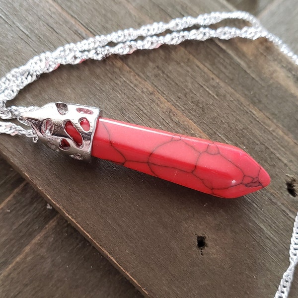 Red Howlite Natural Stone Necklace- 925 Sterling Silver Water Ripple Necklace- Handmade- Real Red Howlite Crystal Pendant Stone Necklace