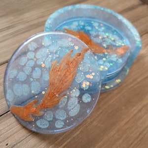 Koi Pond Resin Coasters- Set of 4 Coasters With Coaster Holder Ocean Kitchen Decor- Iridescent Blue Bubble Orange Koi Fish Resin Coasters