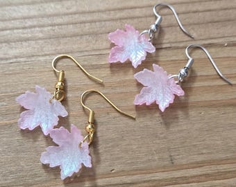 Sweet Pink Maple Leaf Earrings- 18k Gold 925 Sterling Silver Plated Handmade Resin Shimmer Autumn Leaves Fall Maple Leaf Seasonal Earrings
