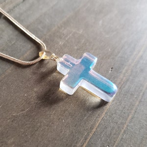 Aurora Borealis Glass Cross Necklace- 18k Gold Iridescent Handmade Celtic Glass Cross Pendant- AB Opalite Easter Necklace- Rainbow Cross