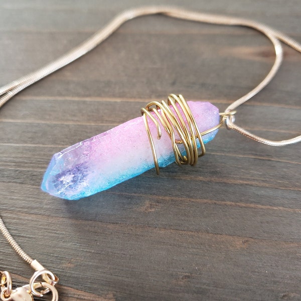 Wire Wrapped Cotton Candy Quartz Natural Stone Necklace- 18k Gold Wire Wrapped Handmade Crystal Pink Blue Raw Stone Quartz Chunk Necklace