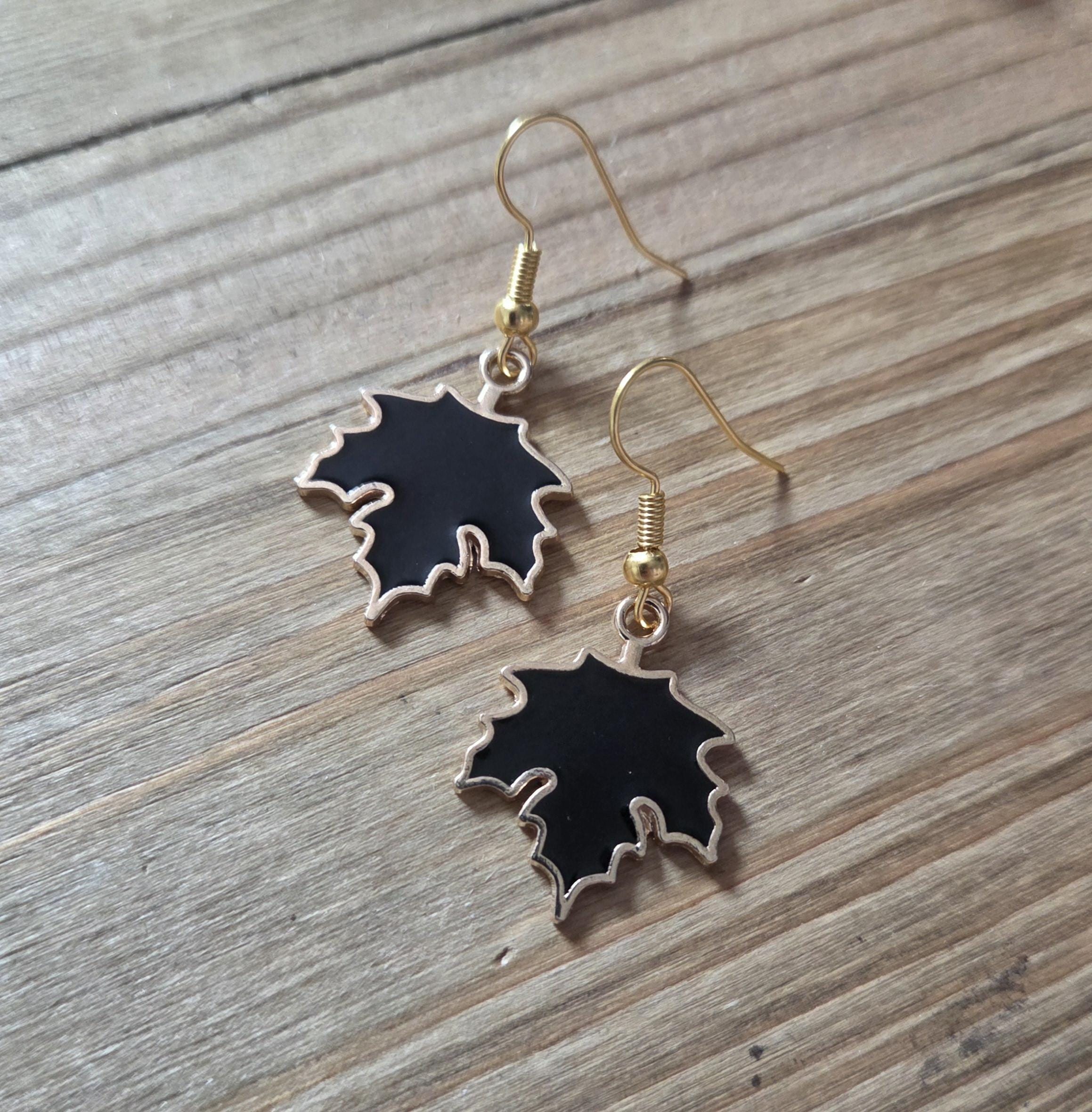 Haunted Black Maple Leaf Earrings- 18k Gold Leaf Earrings