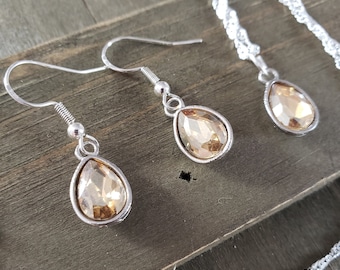 Champagnekristallen sieradenset - 925 sterlingzilver waterrimpelketting - handgemaakte gouden kristallen ketting oorbellen set gouden steen sieradenset