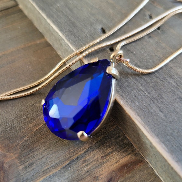 18k Gold Royal Blue Crystal Necklace- Handmade Real Stone Deep Blue Zircon Teardrop Stone Blue Pear Stone Pendant- Spring Easter Necklace