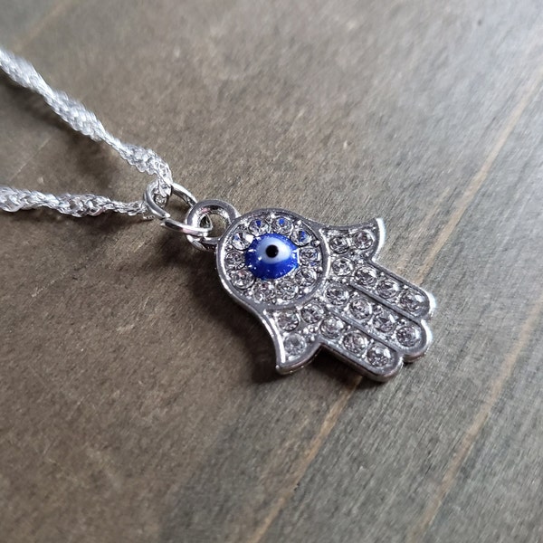 Silver Hamsa Evil Eye Hand Necklace- 925 Sterling Silver Protection Amulet Ward Evil Eye Hand Necklace- Blue Evil Eye Hamsa Hand Jewelry