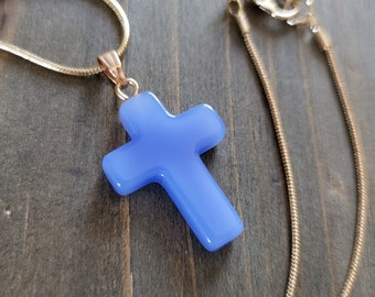 Periwinkle Blue Chalcedony Crystal Cross Necklace- 18k Gold Baby Blue Stone Handmade Cross Real Stone Pendant- Silica Stone Cross Necklace