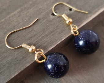 Blue Goldstone Earrings- 18k Gold Real Stone Earrings- Midnight Blue Sparkly Stone- Blue Sandstone- Dainty Blue Stone Bead Galaxy Earrings