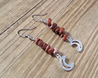 Red Jasper Moon Crystal Natural Stone Earrings- 925 Sterling Silver Plated Crescent Moon Energy Witchy Real Healing Stone Chips Earrings