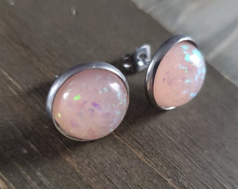 CLEARANCE- Pink Opal Stone Stud Earrings- 925 Sterling Silver Handmade Opalite Crystal Iridescent Crystal Pink Stone Post Opal Stud Earrings