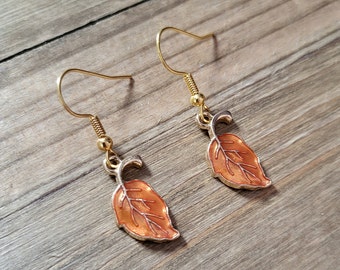 Orange Leaf Fall Earrings- 18k Gold Leaf Earrings- Handmade Autumn Leaves Fall Earrings Autumnal Gold Changing Leaves Seasonal Leaf Earrings