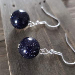 Blue Goldstone Earrings- 925 Sterling Silver Real Stone Earrings- Midnight Blue Sparkly Stone- Dainty Blue Sandstone Bead Galaxy Earrings