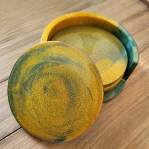 Green And Gold Resin Coasters- Set of 4 Coasters With Coaster Holder Forest Kitchen Decor- Metalic Fluid Resin Green Gold Resin Art Coasters