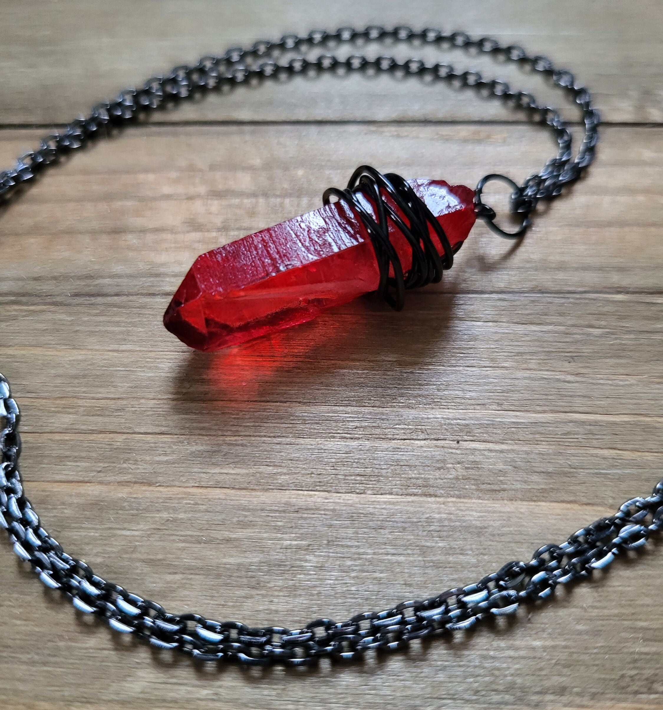 Super Long Red Crystal Chain Necklace | Silver Tone | No