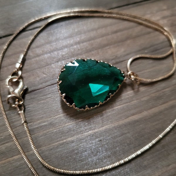 18k Gold Forest Green Crystal Necklace- Handmade Real Stone Dark Green Zircon Teardrop Pear Stone Pendant- Celtic Goth Green Stone Necklace