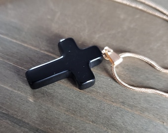 Black Onyx Crystal Cross Necklace- 18k Gold Onyx Black Stone Handmade Celtic Gothic Cross Real Stone Pendant- Stone Cross Easter Necklace
