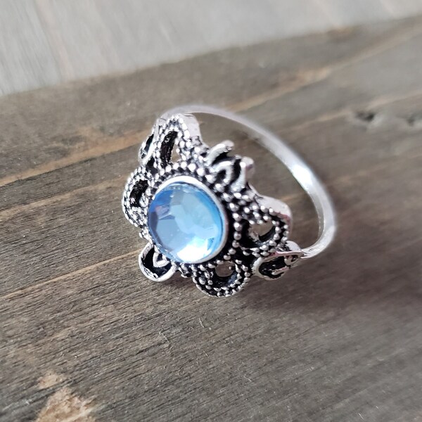 Aquamarine Blue Crystal Statement Ring- 925 Sterling Silver Handmade Blue Crystal Ring- Mother's Day Gift March Birthstone Size 6 1/2 Ring