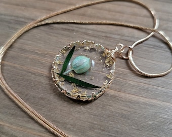 Blue Rose Pressed Flower Necklace- 18k Gold Dried Rose Flower Handmade Teal Succulent Flower Resin Circle Necklace- Spring Mother's Day Gift