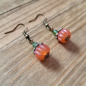 Bronze Pumpkin Earrings- Bronze Earrings Orange Resin Bead Earrings Fall Autumn Seasonal Halloween Dainty Resin Pumpkin Festive Earrings