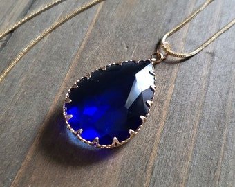 18k Gold Royal Blue Crystal Necklace- Handmade Real Stone Deep Blue Zircon Teardrop Stone Blue Pear Stone Pendant- Ocean Blue Stone Necklace