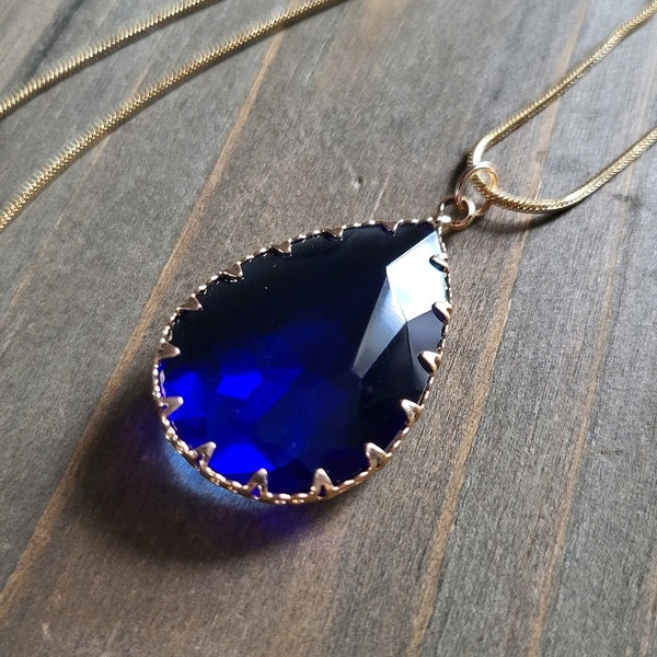 18k Gold Royal Blue Crystal Necklace- Handmade Real Stone Deep Blue Zircon Teardrop Stone Blue Pear Stone Pendant- Ocean Blue Stone Necklace