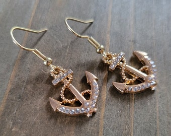 Rhinestone Studded Gold Sea Anchor Earrings- 18k Gold Pirate Ship Anchor Earrings- Summer Earrings- Nautical Pirate Ocean Ship Sail Earrings