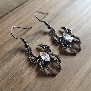 Dark Silver White Crystal Spider Earrings Handmade Dark Silver Crystal Earrings Stone Arachnid Halloween White Zircon Gothic Spider Earrings