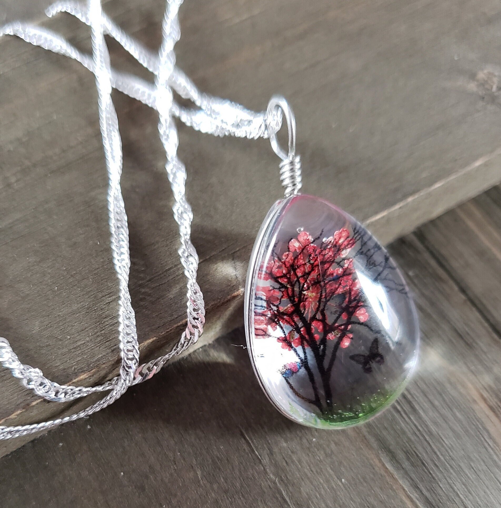 Red Autumn Tree Dried Flower Resin 925 Sterling Silver Water - Etsy