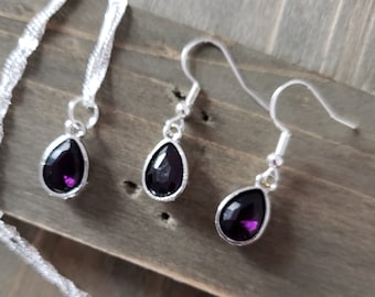 Purple Merlot Crystal Jewelry Set- 925 Sterling Silver Water Ripple Necklace Handmade Purple Crystal Necklace Earrings Halloween Jewelry Set
