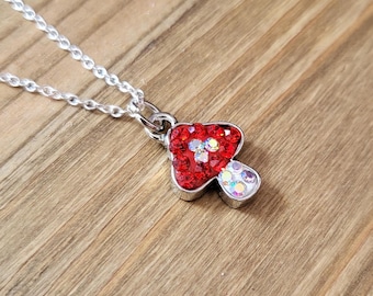 Iridescent Rhinestone Red Mushroom Necklace- 925 Sterling Silver Handmade Crystal Red Mushroom Toadstool Fairycore Fae Studded Necklace