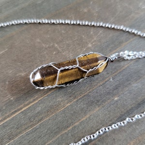 Wire Wrapped Tiger Eye Crystal Necklace- 925 Sterling Silver Stone Handmade Necklace- Wire Wrapped Gold Tiger&#39;s Eye Crystal Gemstone Pendant