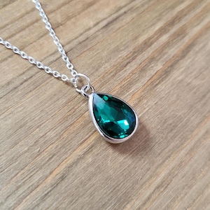 Emerald Green Crystal Necklace- 925 Sterling Silver Handmade Iridescent Dark Green Teardrop Crystal Necklace- Fairy Pendant Forest Necklace