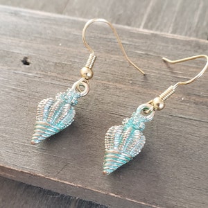 Sea Green Conch Shell Earrings- 18k Gold Shell Earrings- Summer Earrings- Gold Beach Sandy Seashell Spiral Conch Ocean Nautical Earrings