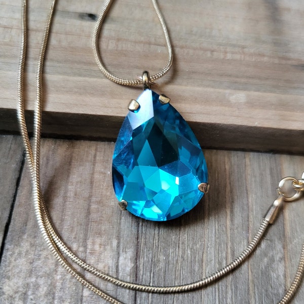 18k Gold Aqua Blue Crystal Necklace- Handmade Real Stone Water Blue Zircon Teardrop Stone Blue Pear Stone Pendant- Spring Easter Necklace