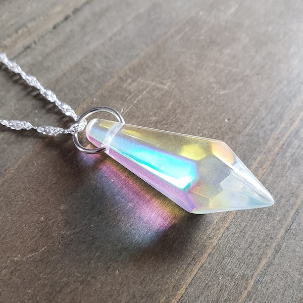 Rainbow Aura Crystal Necklace- 925 Sterling Silver Water Ripple Handmade Transparent Opalescent Crystal Pendant- Iridescent Glass Necklace