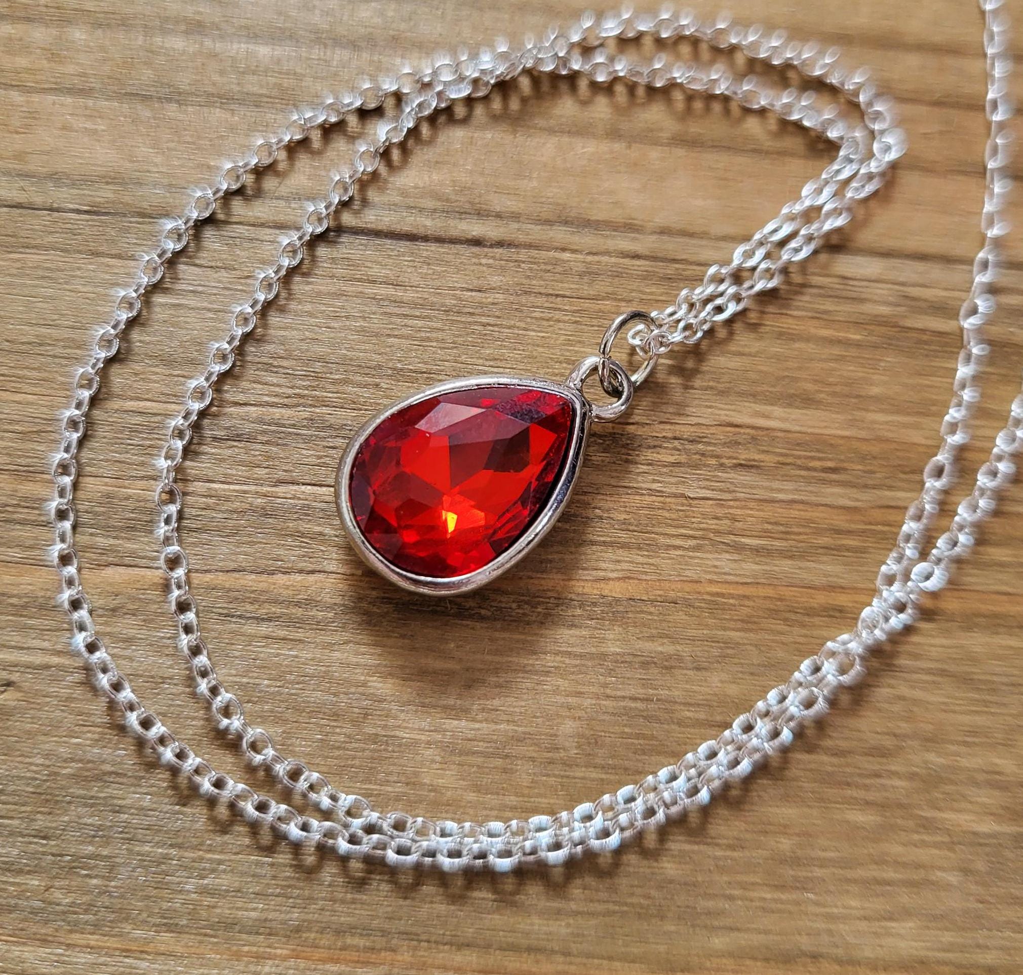 Blood Red Vampire Crystal Necklace- 925 Sterling Silver Handmade Iridescent Ruby Red Teardrop Crystal Monster Blood Amulet Pendant Necklace