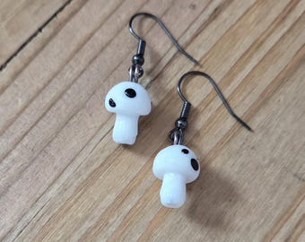 White Whimsical Glass Mushroom Earrings- Gunmetal Black Dark Silver Handmade Glass White Magic Mushroom Dainty Fall Autumn Forager Earrings
