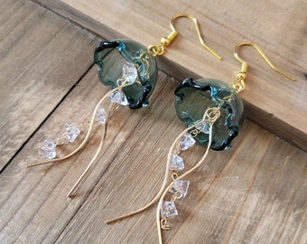 Teal Blue Jellyfish Earrings- 18k Gold Glass Jellyfish Dangle Earrings- Summer Beach Blue Jellyfish Ocean Sea Life Nautical Crystal Earrings