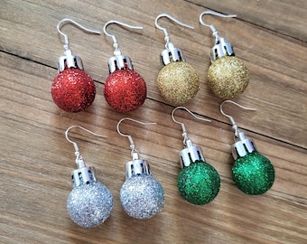 Glittering Christmas Ornament Earrings- 925 Sterling Silver Decorative Christmas Tree Balls Red Green Silver Gold Glitter Ball Earrings