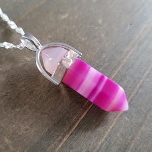 Magenta Pink Agate Crystal Necklace- 925 Sterling Silver Water Ripple Hexagonal Natural Stone Handmade Real Stone Pink Banded Agate Necklace