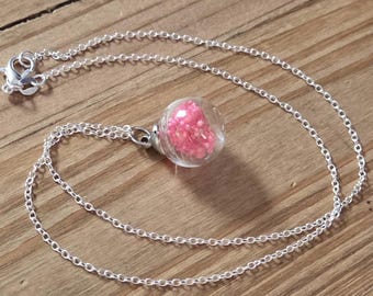 Hot Pink Baby's Breath Flower Ball Necklace- 925 Sterling Silver Plated Real Pressed Flower Glass Ball Spring Pink Floral Bubble Necklace