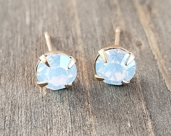Blue Opal Stud Earrings- Handmade 18k Gold Blue Opalite Crystal Earrings- Blue Opal Real Stone Post Stud Earrings- Birthstone Stud Earrings